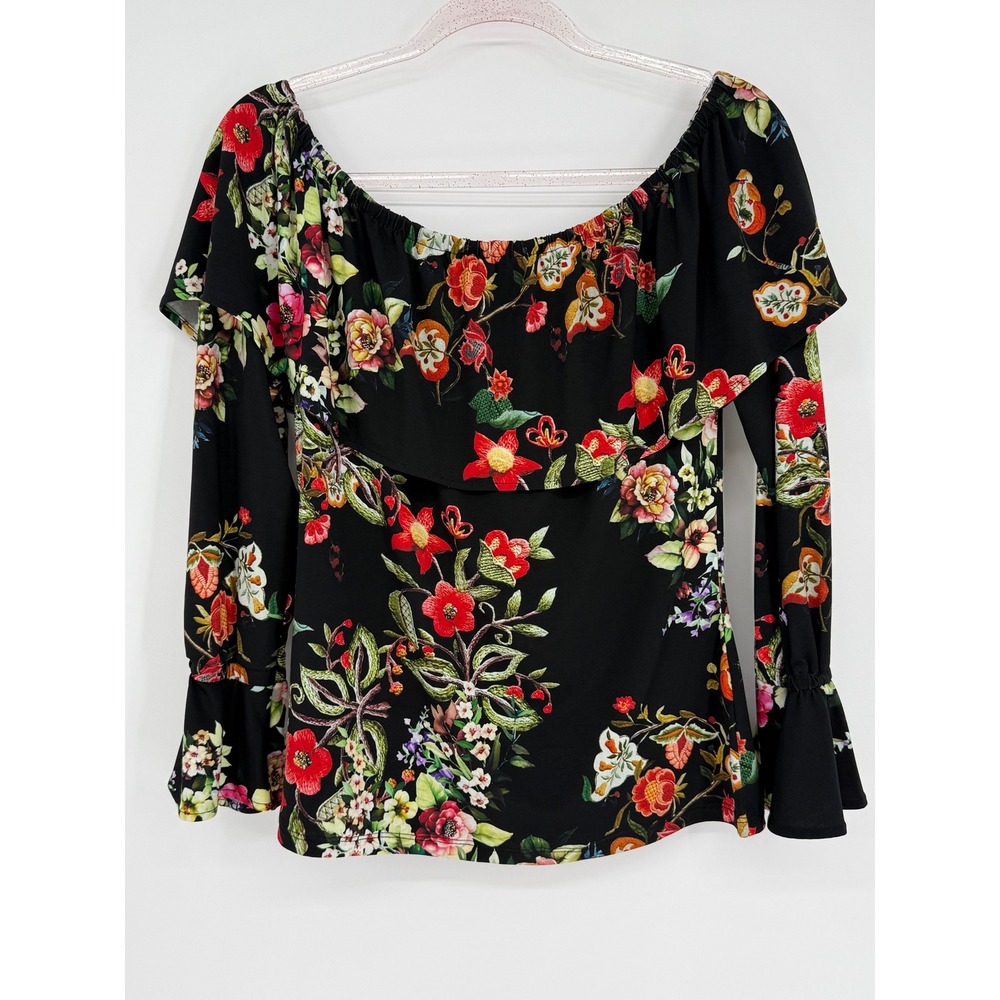 Boston Proper Women's Sz S Black‎ Floral Off Shoulder Ruffle Long Sleeve Blouse